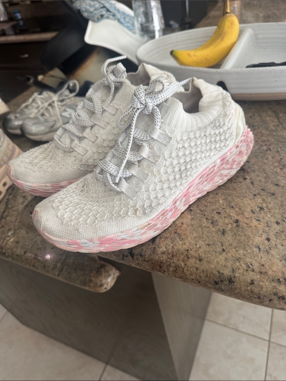 NOBULL Light Gray Knit Sneakers with Pink Accent Midsole